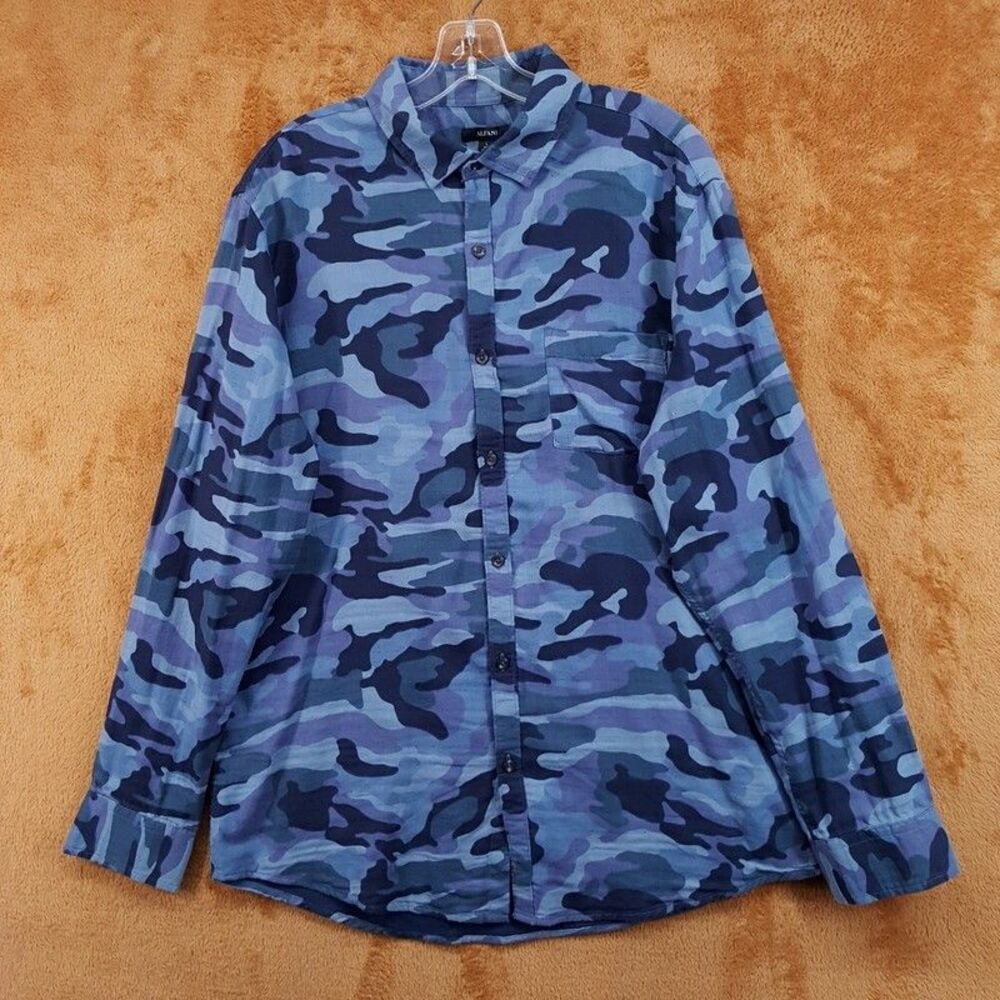 ALFANI Button Shirt Mens Large Blue Camo Chest Pocket 100% Cotton